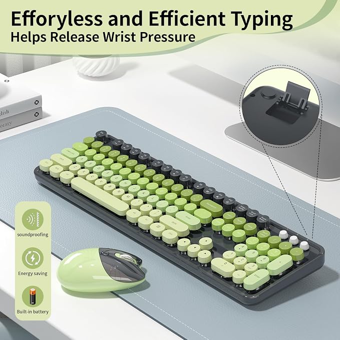 Wireless Keyboard and Mouse, MOFII 104 Round Keycaps Retro Typewriter with OTG & Brush, Full-Size Ergonomic, Ideal for Windows PC, Home, Office and College Gray Green