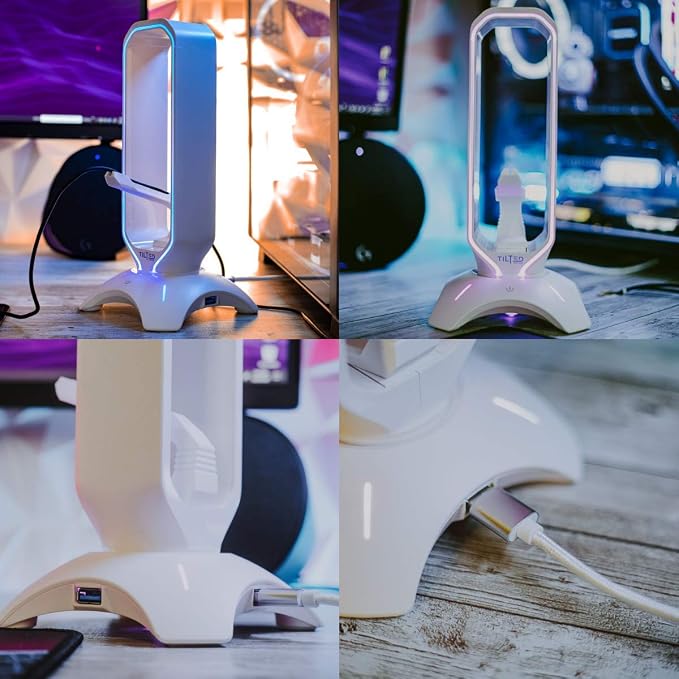 Tilted Nation Gaming Headphone Stand | RGB Headset Stand White | Headset Holder for Desk with Mouse Bungee and USB Hub | The Ultimate Gaming Accessories for Gamers for PS5, Xbox, PC - White