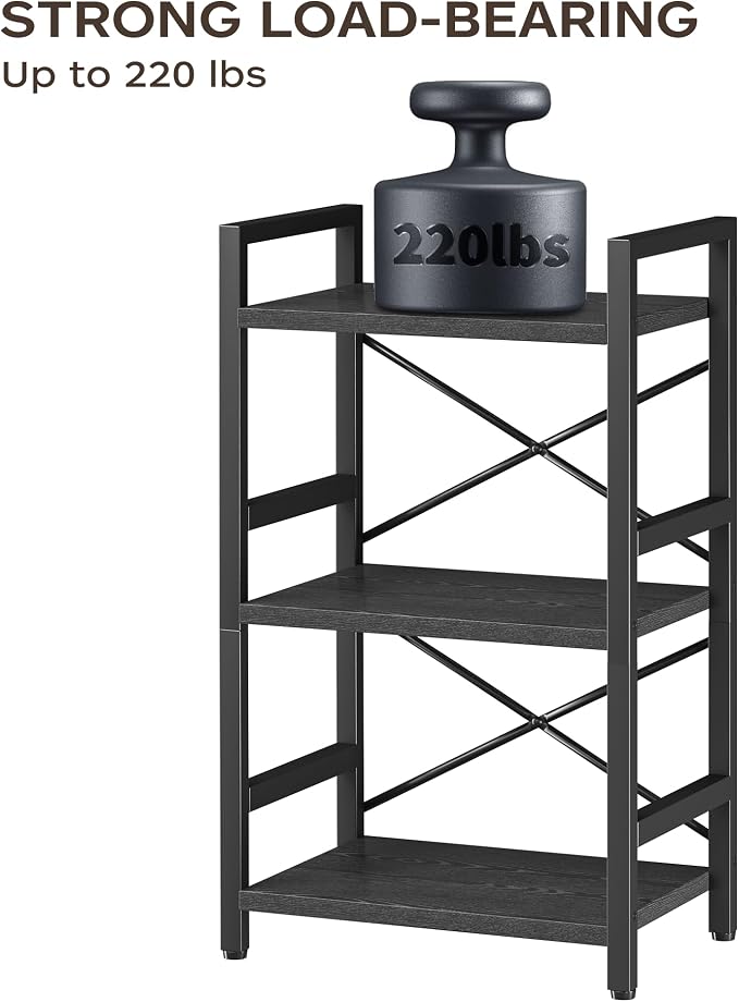 Homeiju Bookshelf, 3 Tier Industrial Bookcase, Metal Small Bookcase, Rustic Etagere Book Shelf Storage Organizer for Living Room, Bedroom, and Home Office(Black) Patent Pending D29873033