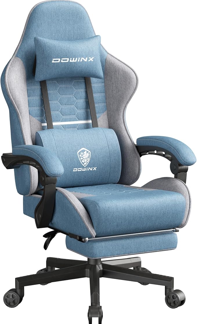 Dowinx Gaming Chair Fabric Big and Tall with Pocket Spring Cushion, Massage Game Chair Cloth with Headrest, Ergonomic Computer Chair with Footrest 350LBS, Blue