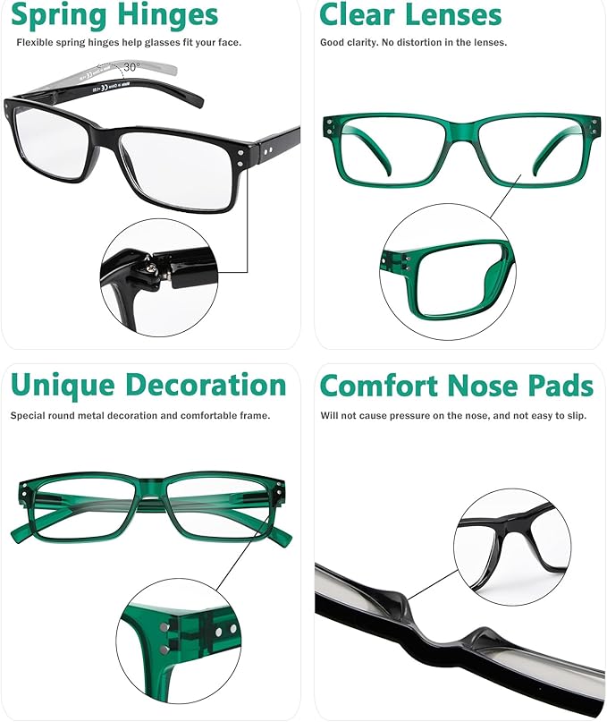 Eyekepper Vintage Reading Glasses for Men - 3 Pairs Black and 2 Pairs Green - Spring Hinges Classic Readers +4.00