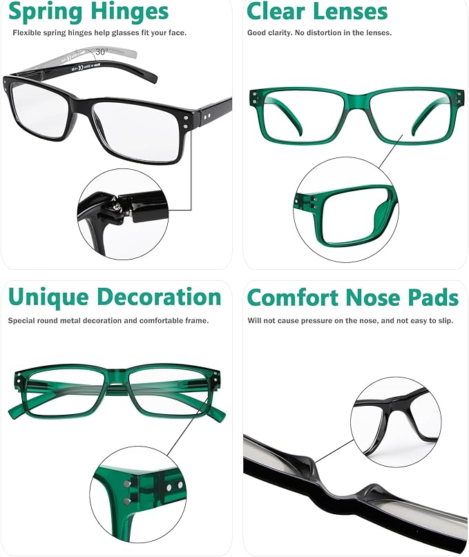 Eyekepper Vintage Reading Glasses for Men - 3 Pairs Black and 2 Pairs Green - Spring Hinges Classic Readers +1.50