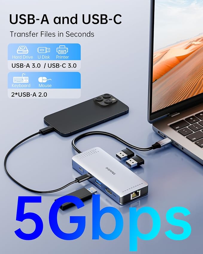 USB C Hub Ethernet, 9 in 1 USB-C to Ethernet Multiport Adapter Dongle with HDMI 4K@60Hz, 100W PD Charging, Gigabit RJ45, SD/TF Card Reader, USB A&C 3.0, USBC Dock for MacBook, Dell, Lenovo, HP