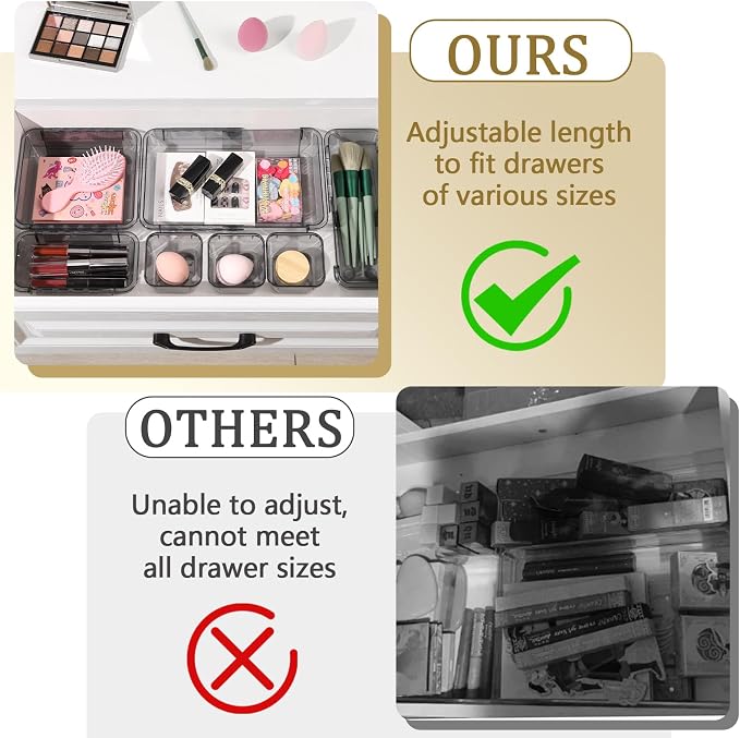 14 Pcs Adjustable Clear Drawer Organizer, Extendable Vanity Storage Bins, Desk Drawer Organizer Set for Makeup, Cosmetics, Bedroom, and Gadgets, Black