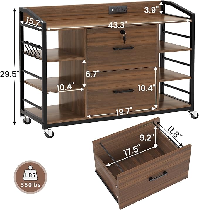 SEDETA 44" File Cabinet, Filing Cabinet fits Legal/Letter Size, 2 Drawer File Cabinets for Home Office with Lock, Power Strip, 6 Storage Shelves, Walnut Brown