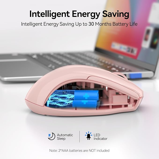TECKNET Wireless Mouse (2.4G & BT5.0/3.0) Silent 4800 DPI Computer USB A & Bluetooth Mouse 6 Buttons, Wide Compatibility - Pink