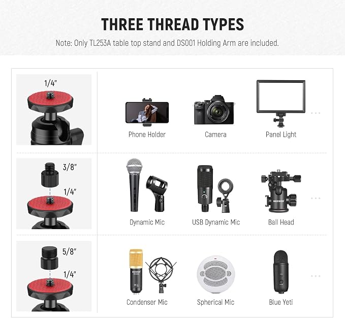 NEEWER TL253A+DS001 Table Camera Tripod with 2 Telescopic Arms, Phone Holder, Ball Heads, Screw Adapter, Table Light Stand for Camera, Mobile Phone, Webcam, Ring Light