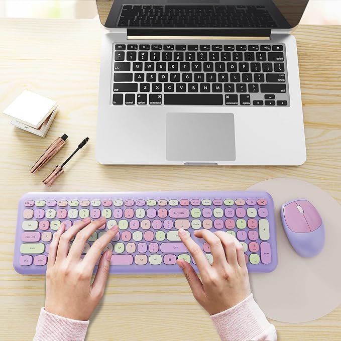 Wireless Keyboard and Mouse Combo, Colorful Ergonomic Full Size Retro Low-Noise Keyboard with Cute keycaps, Compatible with Windows, PC, Perfer for Home and Office Keyboards (Purple)