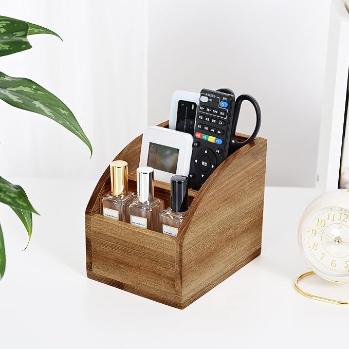 OKSQW Rustic Vintage Wooden Desk Organizer Farmhouse Wood Remote Control Caddy, 3 Slot Tabletop Desktop Office Supply Storage Rack Desktop TV Remote Control Holder Home Decor Office Supplies Storage