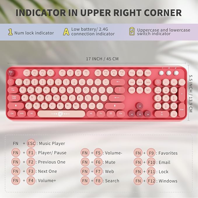 FD Wireless Keyboard and Mouse Combo | Cute Colorful Keyboard and Mouse with 2.4GHz Cordless Retro Typewriter Keyboard | Auto-Sleep | USB Receiver for Windows PC/Laptop - Pink Colorful