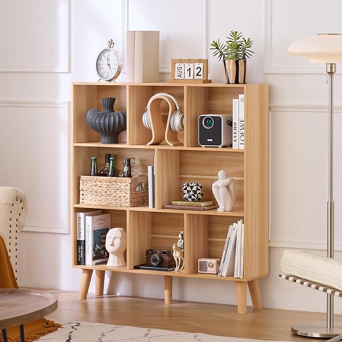 LEYAOYAO Wooden 8 Cube Book Shelf, Natural 3 Tier Bookshelf with Legs, Modern Open Storage Organizer,Boho Bookcase,Display Cabinet Shelf Free Standing Bookshelves for Bedroom,Living Room,Office