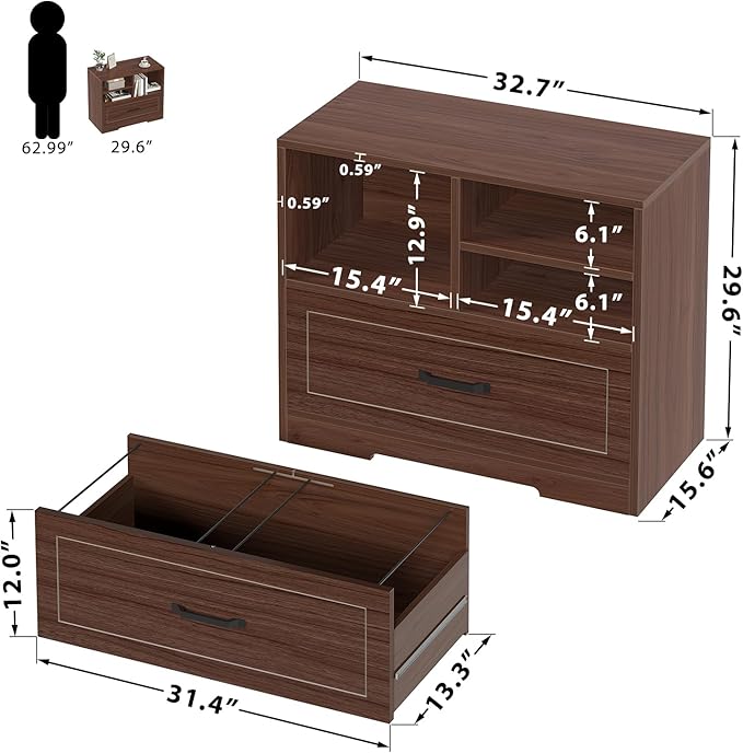 LVB Wood Lateral Filing Cabinet with Drawer, Farmhouse File Cabinet Printer Stand with Storage Shelves, Printer Cabinet Fits A4 Letter Legal Size with Hanging File Folder for Home Office, 32.7" Walnut