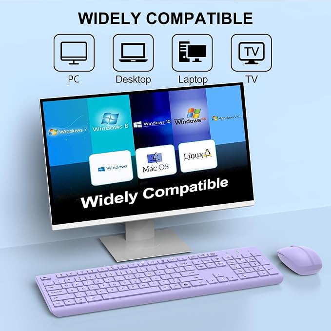 Wireless Keyboard and Mouse Combo, Full Size Silent Ergonomic Keyboard and Mouse, Long Battery Life, Optical Mouse, 2.4G Lag-Free Cordless Mice Keyboard for Computer, Mac, Laptop, PC, Windows(Purple)