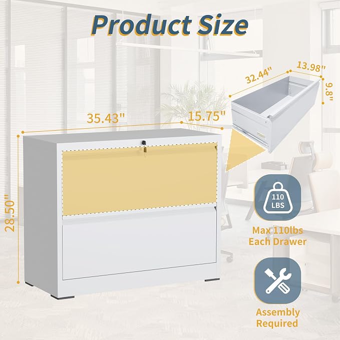 2 Drawer File Cabinet with Lock, Lateral Filing Cabinets,Metal Storage Filing Cabinets for Home Office, Heavy Duty File Cabinet for Letter/Legal/A4/F4 Size Amssebly Required, White