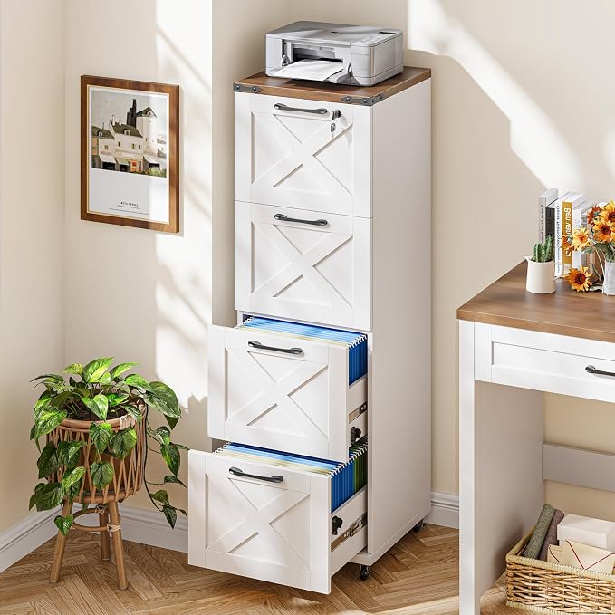 Vabches Vertical Farmhouse Locking Rolling File Cabinet, Office Filing Cabinet with 4 Drawers & Wheels for Hanging Files Letter/A4，Printer Stand for Home Office