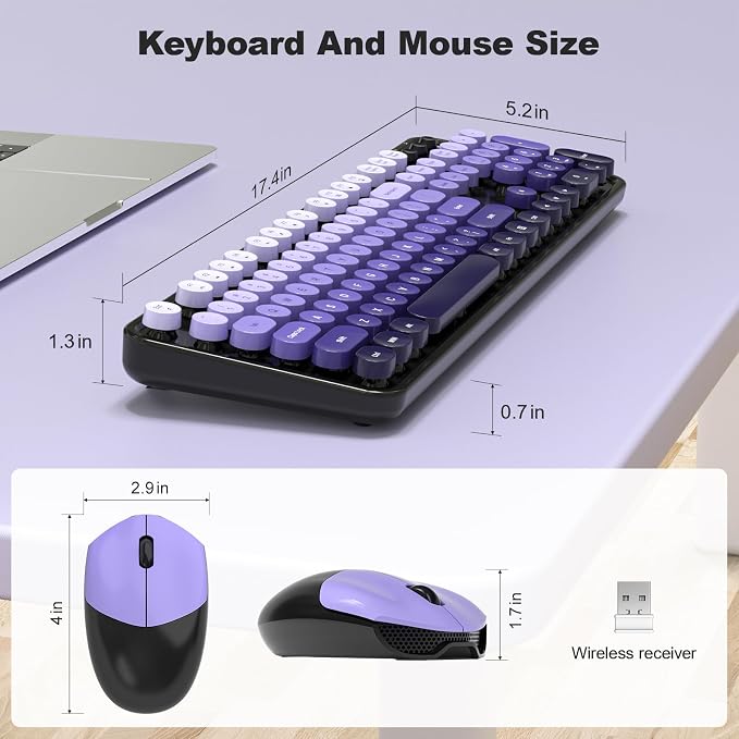 Wireless Keyboard and Mouse Combo, 2.4GHz Retro Full-Size Typewriter Keyboard with Number Pad and Wireless Mouse for PC/Laptop/Desktop/Windows (Black Purple Colorful)