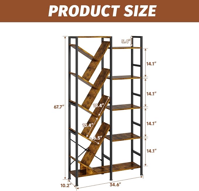 5-Tier Double Wide Bookshelf 67" , Industrial Tree BookShelves, Vintage Storage Rack with 14 Open Shelves, Large Bookcase, Wooden and Metal Bookshelves, Wide Display Rack for Home Office Decorative
