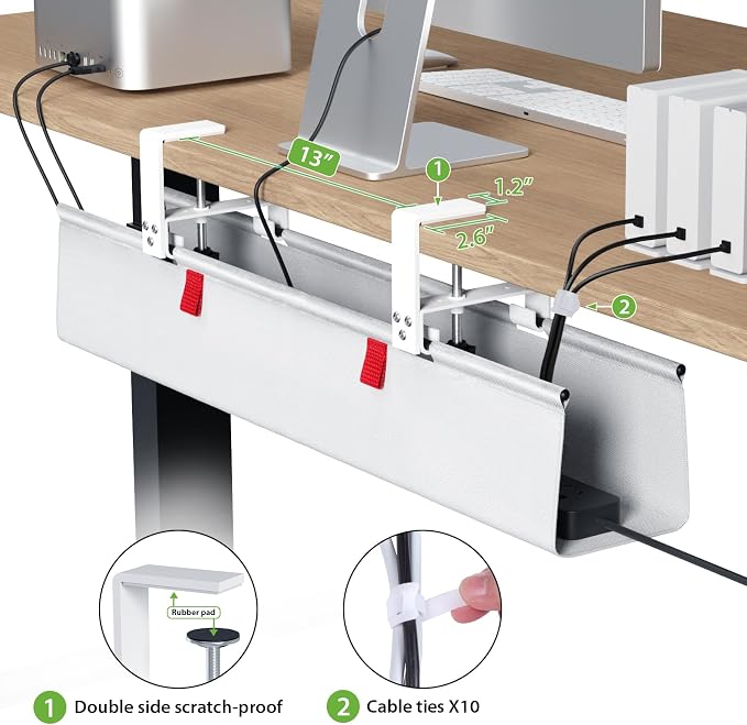 KEEGH No Drill Under Desk Cable Management Tray - 28" Cord Management Under Desk - Clamp/Screw Mount - Support Upto 70lbs - Fabric Wire Management - Gaming/PC Cable Raceways for Office/Home, White