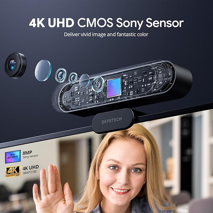DEPSTECH 4K Webcam, Ultra HD 1/2.55'' Sony Sensor, 3X Digital Zoom, Dual Noise-Canceling Microphones, Remote Control, Auto Focus, Streaming Webcam for PC, Mac, Laptop, Video Call, Zoom, Skype, Teams