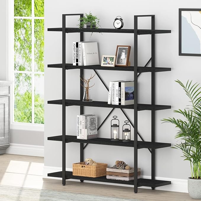 HSH 5 Tier Tall Black Bookshelf, Wood and Metal Storage Book Rack, Industrial Modern Etagere 5 Shelf Bookcase, Large Wide Open Display Book Shelf for Bedroom Living Room Office, Bookshelves Heavy Duty