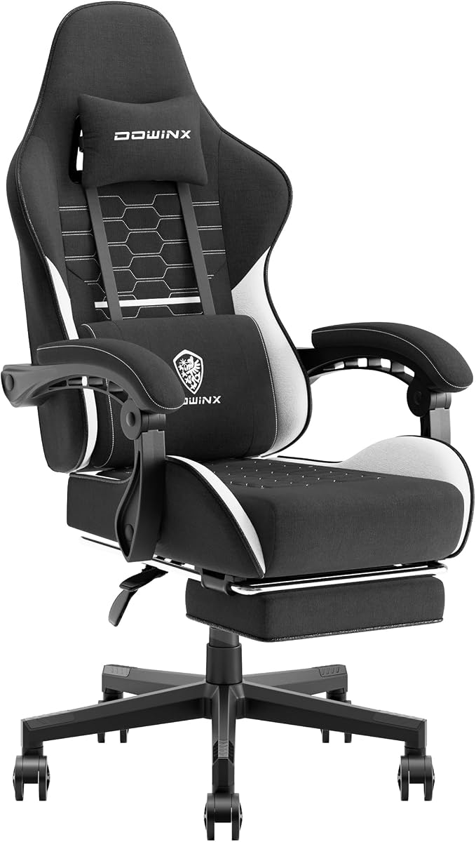 Dowinx Gaming Chair Fabric with Pocket Spring Cushion, Massage Game Chair Cloth with Headrest, Ergonomic Computer Chair with Footrest 290LBS, Black White