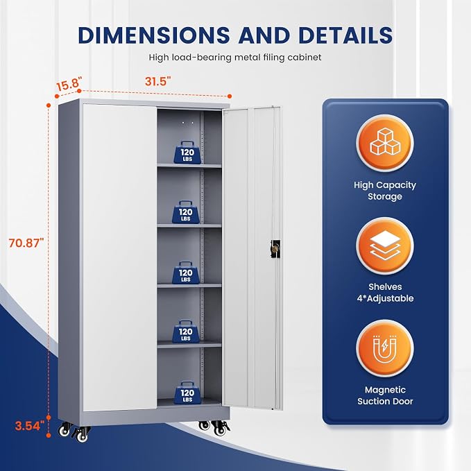 Yizosh Metal Garage Storage Cabinet with Locking Doors and Adjustable Shelves,- 75" Rolling Steel Tool Cabinet for Home Office,Garage,Warehouse