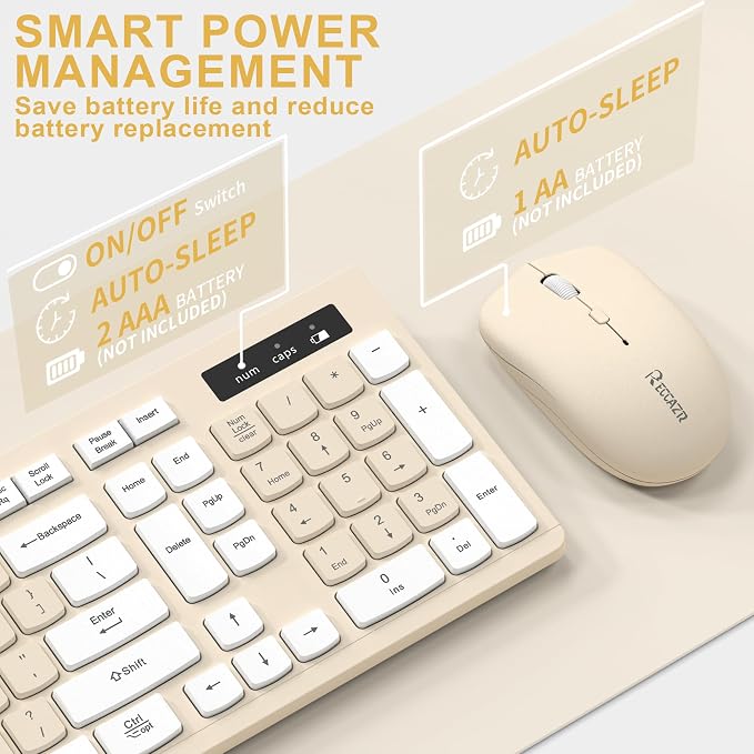 Wireless Keyboard and Mouse Combo, Full-Sized Wireless Keyboard and Adjustable DPI Mouse, 2.4GHz USB Receiver, Keyboard and Mouse for PC, Windows, Desktop, Laptop (Latte Color)