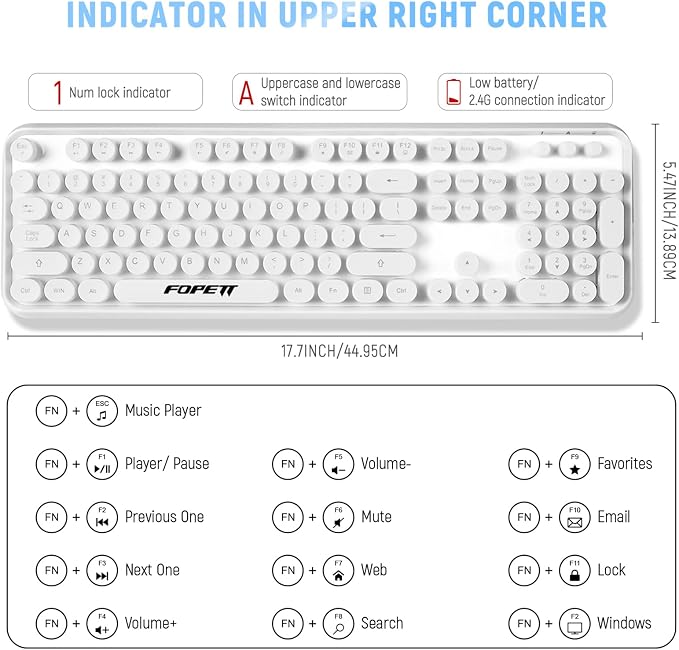 Wireless Keyboard and Mouse | Cute Colorful Keyboard and Mouse with 2.4GHz Cordless Retro Typewriter Keyboard | Auto-Sleep | USB Receiver for Windows PC/Laptop - White