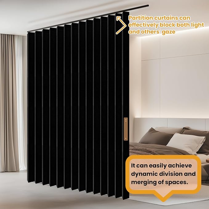 JILRON Accordion-Style Room Divider with Ceiling Track - Foldable Partition Curtain, Easy Installation(Black 100" W x 108" L-Pack of 1)