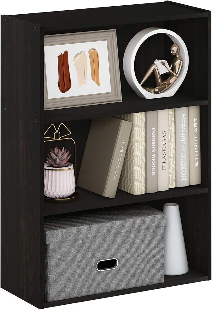 Furinno PASIR Book Shelf, 3-Tier Bookshelf, Storage Shelves Bookcase, 9.7 x 23.7 x 31.5, for Living Room, Bedroom, Home Office, Dark Espresso