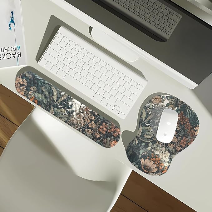 Boho Aesthetic Mouse Pad with Wrist Rest Keyboardpad Vintage Wildflowers Wrist Rest for Computer Keyboard Wrist Rest, Non-Slip Base Home/Office for Computer Keyboard, Made Easy Typing & Relieve