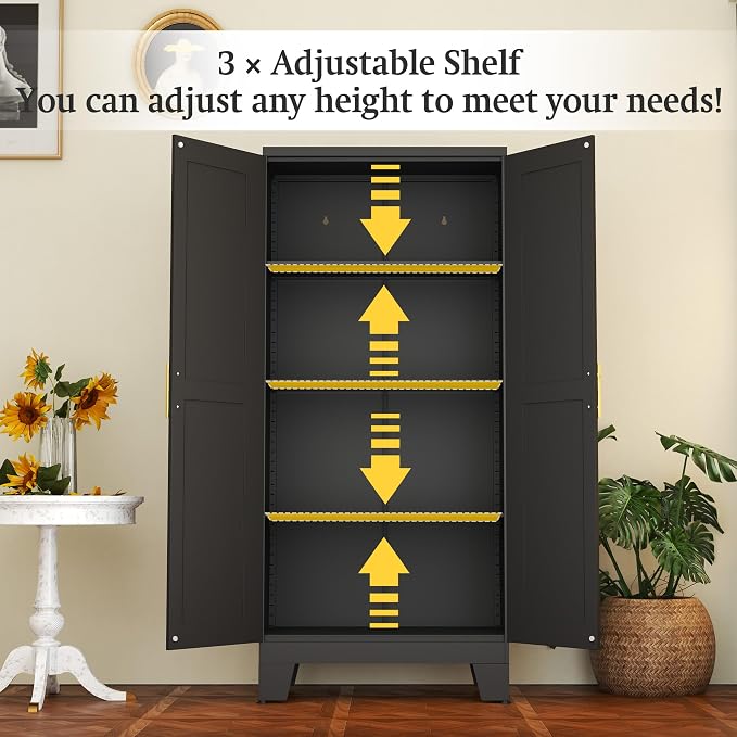 Black Metal Storage Cabinet, 61" Steel Cabinets for Home Office, Kitchen Pantry Storage Cabinet with Doors and 3 Adjustable Shelves, Metal Tool Cabinet, for Office, Home, Garage, School