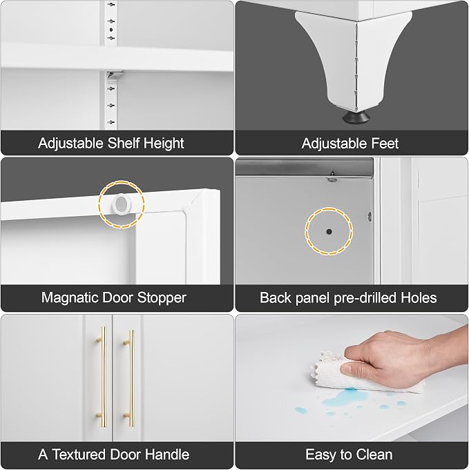 Metal Storage Cabinet with Doors, 90" Tall Kitchen Pantry Storage Cabinets with Adjustable Shelves, White Pantry Closet, Steel Large Cupboard, High Leveling Feet- Assembly Required