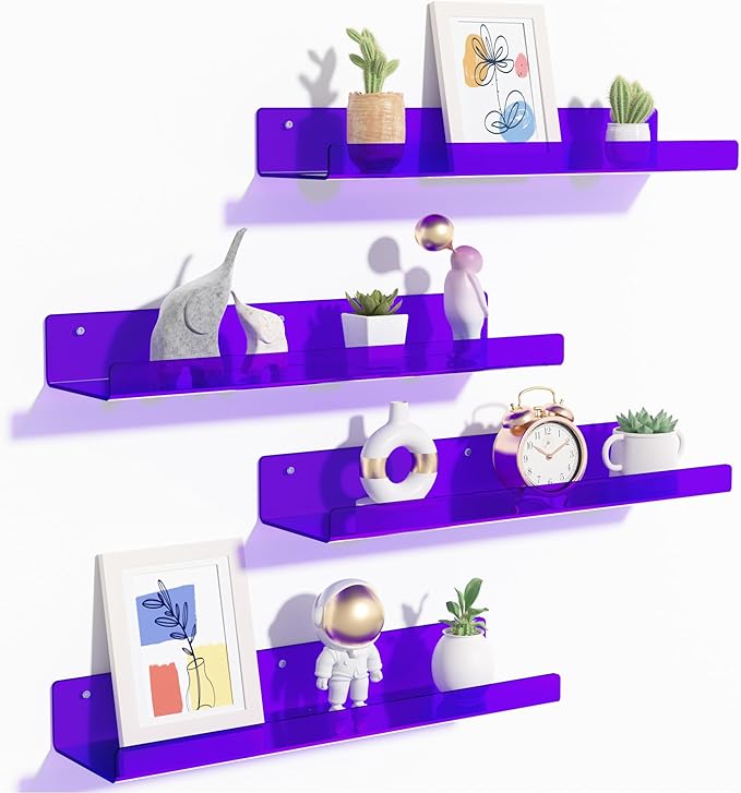 upsimples Acrylic Shelves for Wall Decor, 15" Display Shelf Perfume Organizer for Bathroom, Bedroom, Living Room, Floating Bookshelves for Kids, Clear Purple, 4 Pack