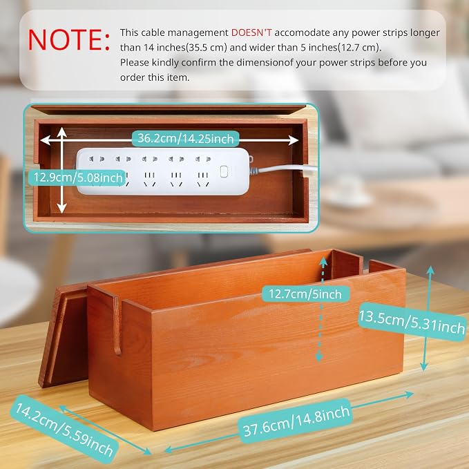 Large Cable Management Box, Wooden Cord Organizer Box for Desk, Floor, Office to Hide Extension Cords Power Stripes Surge Protectors Chargers Wires, Red Brown