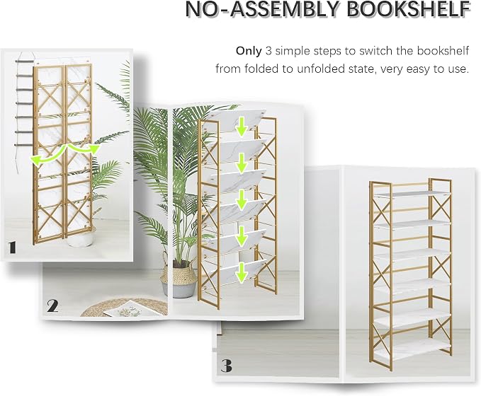 4NM 6 Tiers No Assembly Book Shelves, 61.8" H Folding Bookshelf Bookcase Open Industrial Foldable Shelves for Bedroom, Living Room, Home Office - White Gold