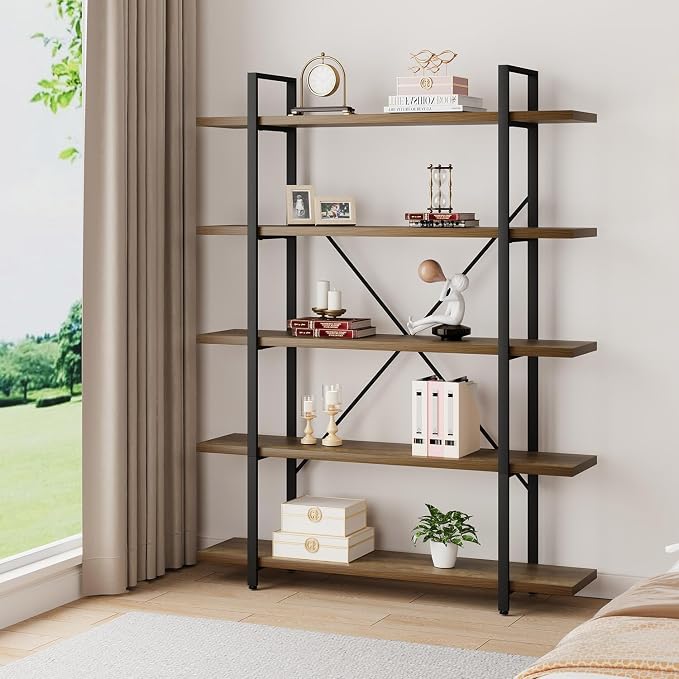HSH Industrial Wood and Metal 5 Tier Bookshelf, Large Tall Open Rustic Wide Etagere Bookcase, Vintage Farmhouse Modern Wooden Big Book Shelf for Home Living Room Bedroom Office Storage, Rustic Oak