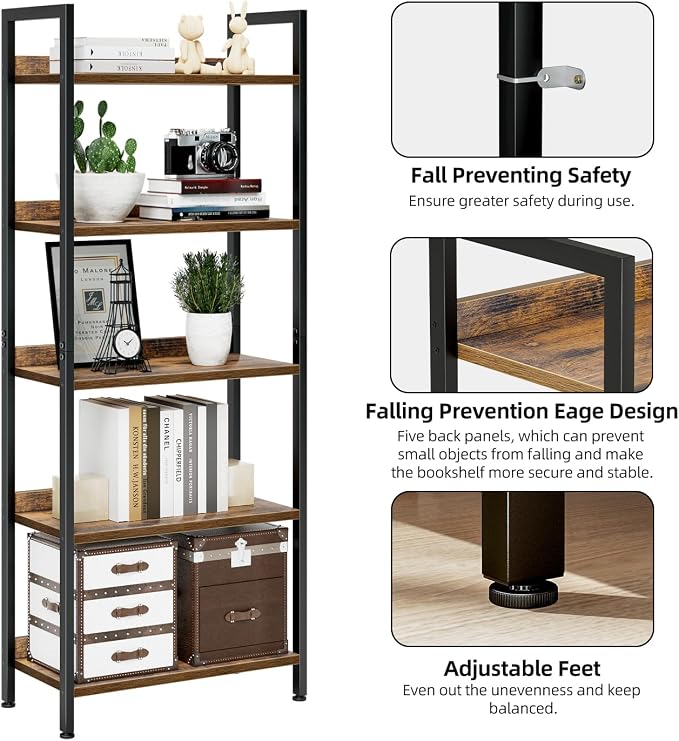 NUMENN Bookshelf, 5 Tier Bookshelves, Home Office Bookcase Shelf Storage Organizer, Free Standing Storage Shelving Unit for Bedroom, Living Room and Home Office, Vintage