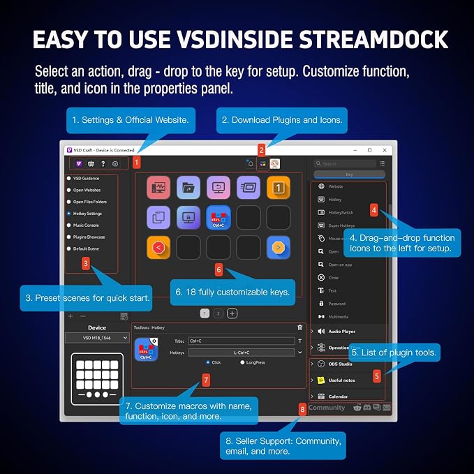 Macro Keypad, Stream Controller Deck Gaming Streaming Shortcut Keyboard, 18 Programmable Keys Customizable Visual AI Pad USB Soundboard for OBS, YouTube, Desk Office Setup, Laptop, PC, Mac