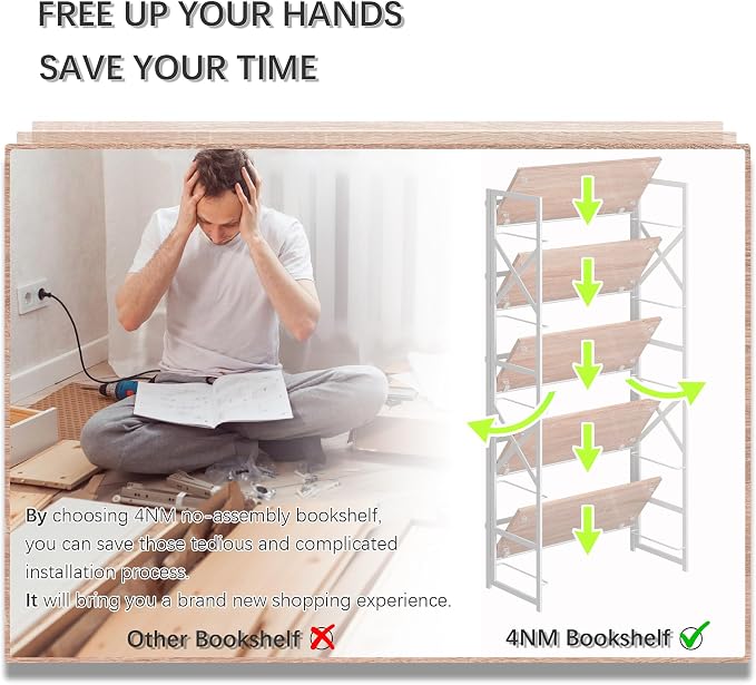 4NM 5 Tiers No Assembly Book Shelves, 51.2" H Folding Bookshelf Bookcase Open Industrial Foldable Shelves for Bedroom, Living Room, Home Office - Natural White