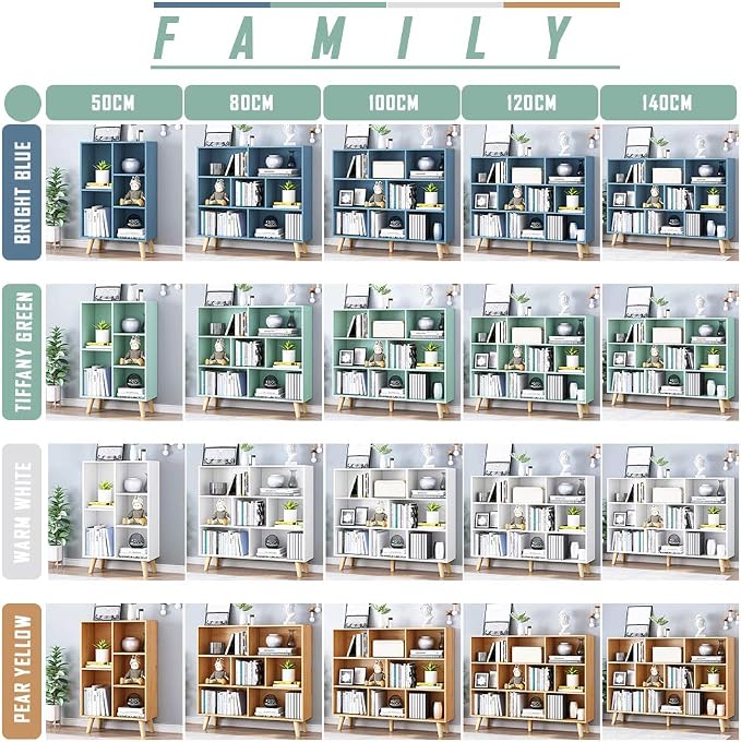 IOTXY Wooden Open Shelf Bookcase - 3-Tier Floorstanding Display Cabinet Rack with Legs, 7 Cubes Free Standing Bookshelf, Warm White