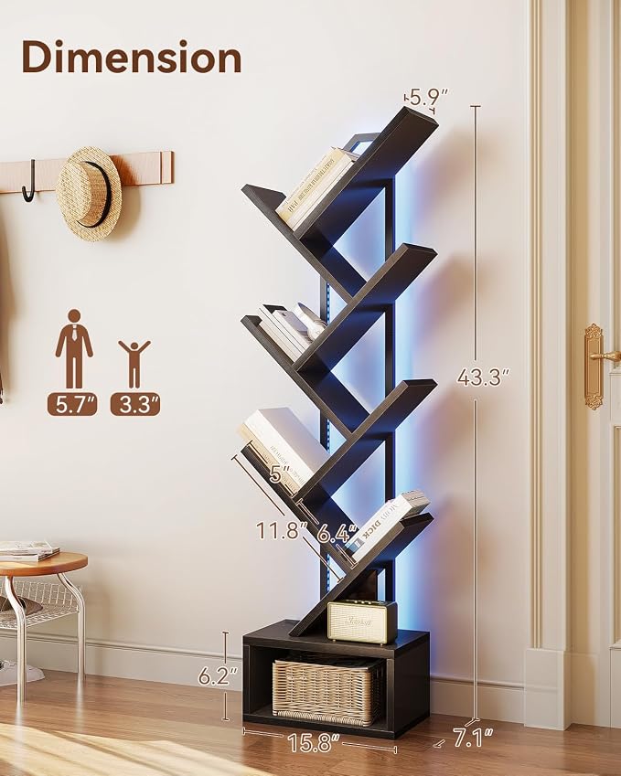 Casaottima 6-Tier Tree Bookshelf — Narrow Floor Standing Bookcase, Tall Steel & Wood Book Organizer Shelf with Cabinet, Home Decor for Living Room/Bedroom/Home Office, Black