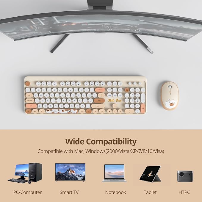 GTSP Creamy Wireless Keyboard and Mouse, Typewriter Office Full-Sized Colorful 2.4G Cute Aesthetic Keyboard for Computer, Laptop, PC Desktops（Brown）