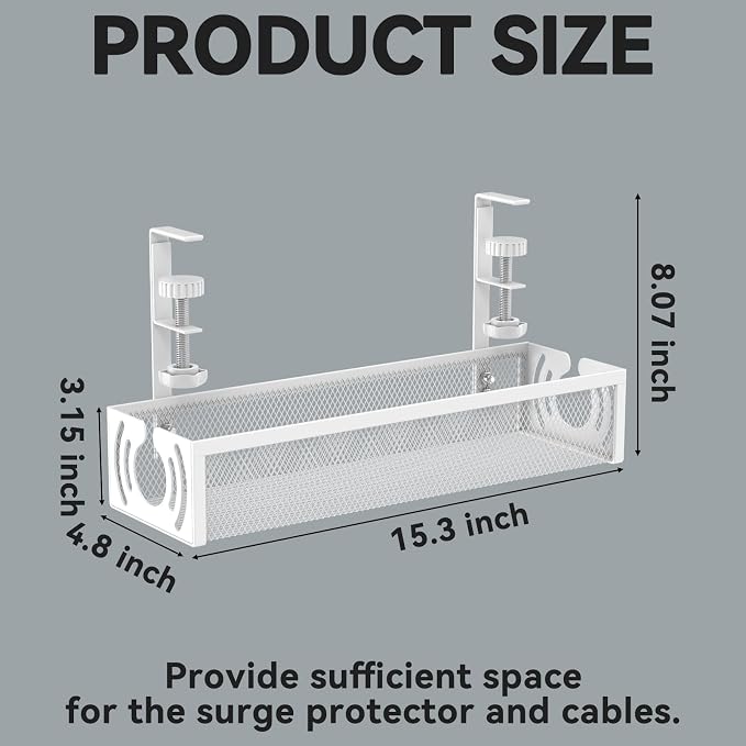Cable Management, 15'' Under Desk Cable Management Tray No Drill, Metal Cable Organizer with Clamp for Wire Management, Cord Organizer for Home Office, Desk Accessories Organizer, White