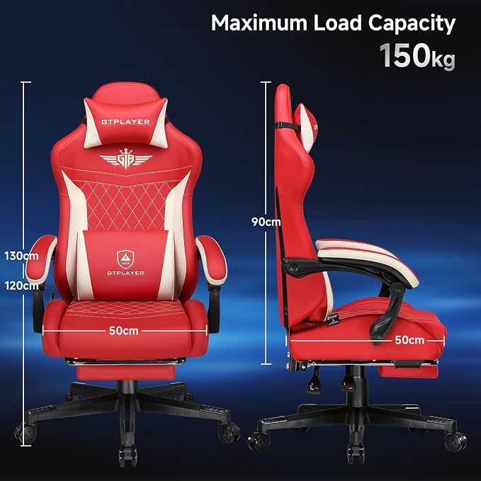 GTPLAYER Gaming Chair, Video Game Chairs with Footrest and Lumbar Support, Computer Chair for Adults with Extended Backrest, Ergonomic Reclining Silla Gamer, PU-Leather, Red
