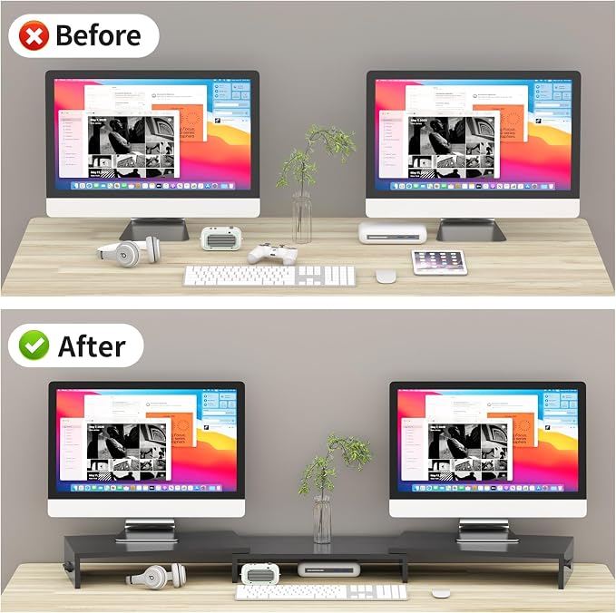 Pholiten Dual Monitor Stand Riser for 2 Monitors，Desktop Monitor Stand with Adjustable Length and Swivel Angles, Extra Long Multifunctional Stand up to 48.2" fit Computer Laptop Printer Max 44 lbs