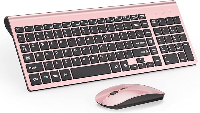 Wireless Keyboard and Mouse Ultra Slim Combo, TopMate 2.4G Silent Compact USB 2400DPI Mouse and Scissor Switch Keyboard Set with Cover, Batteries Included, for PC/Laptop/Windows/Mac - Rose Gold Black