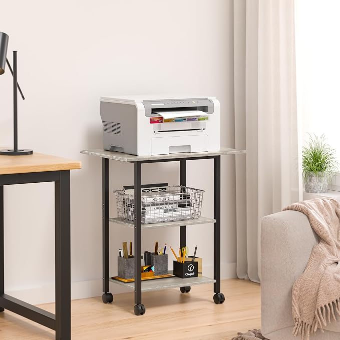 Lerliuo 3-Tier Printer Stand, Industrial Mobile Printer Table with Storage Shelf and Steel Frame, Rolling Printer Cart Holder with Lockable Wheels for Home, Office (Oak)