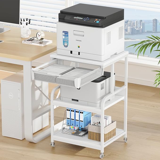 EasyCom Large 3-Tier Rolling Printer Stand with Storage Drawer & 5 Adjustable Shelves Mobile Cart with Industrial Wheels for Home Office Desk Fits 3D Printer, Scanner, and Fax White