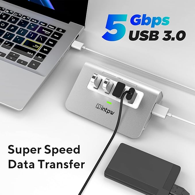 intpw USB 3.0 Hub,Aluminum 4 Port USB Data Hub 3.0 Port Extender Splitter Multiport Adapter with 3.3ft Cable ，USB HUB for PC/Laptop/Xbox/FlashDrive/Printer/Camera/Keyborad/Mouse